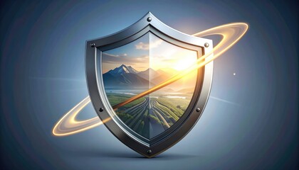 An innovative design represents protection, security, and a shield over a bright landscape. It uses creative imagery.