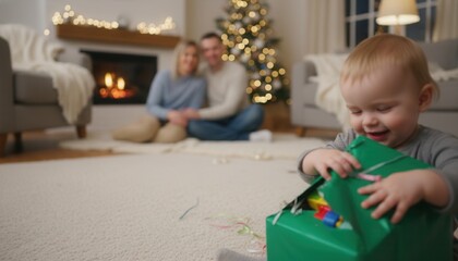 Naklejka premium Joyful Toddler Unwraps Christmas Gift