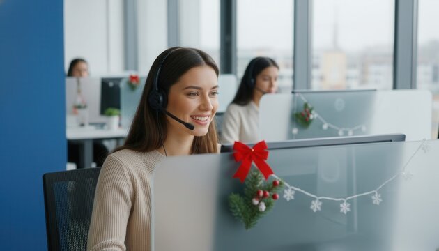 Smiling Customer Service Agent at Holiday Desk - Powered by Adobe