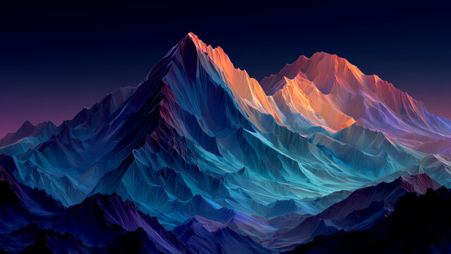 Abstract low poly mountain landscape with colorful gradient lighting at sunset