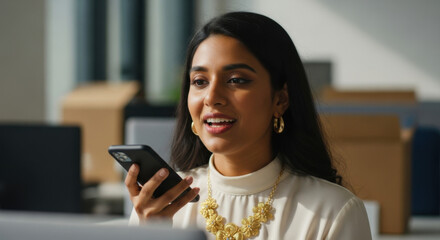 Portrait of a young businesswoman using smartphone in office setting with neutral tones. The woman wears a professional attire and gold jewelry, accented by warm natural lighting.