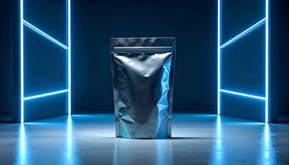 Sleek metallic stand-up pouch mock-up displayed in a vibrant blue neon-lit futuristic studio environment, perfect for product branding and modern packaging design