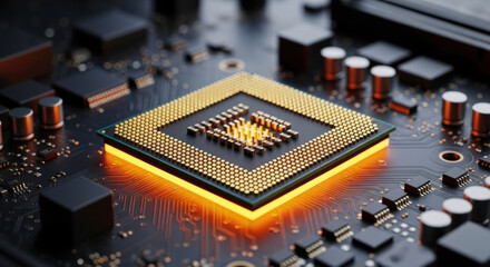 Detailed close up of a golden computer processor chip on a dark circuit board, highlighted with bright orange lighting. Focuses on technology and computer hardware.