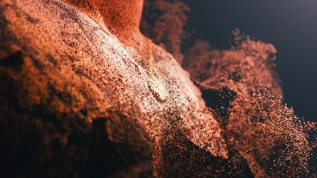 Digital human chest forming from thousands of glowing golden particles. Futuristic technology, biometrics, and artificial intelligence concept