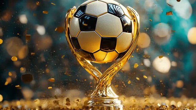 celebrating victory: close-up of a golden soccer trophy gleaming amidst falling confetti, symbol of dedication and achievement in sports