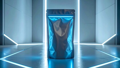 Sleek, futuristic metallic pouch packaging with blue lighting in a modern, sterile environment