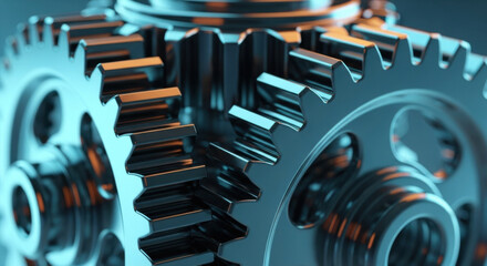 A detailed close up of interlocking metal gears, showcasing a silver chrome finish and intricate cogs under focused studio lighting. The image emphasizes mechanical precision.