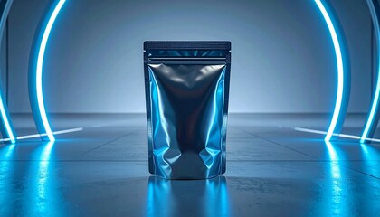 Sleek black stand-up pouch packaging presented in a futuristic studio with glowing blue neon arches, highlighting modern design and innovative product presentation