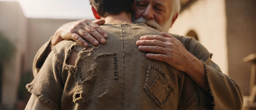 The Prodigal Son's return,  torn tunic of the son as his elderly Hebrew father named Jacob embraces him, the father's hands are gentle on the son's back,  powerful moment of forgiveness and acceptance