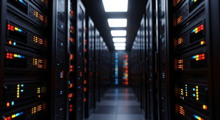 A dark data center corridor shows rows of server racks illuminated by blue orange and red indicator lights in a high tech data storage facility, modern computer network.