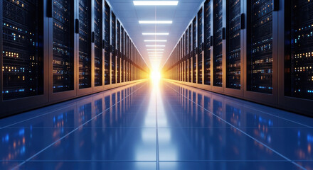 A bright server room corridor with black racks along tiled blue floor, showcasing technology and modern computing infrastructure for data storage and internet services.