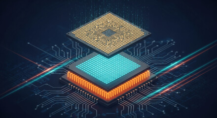 Detailed visualization of a computer chip with gold and turquoise accents against a blue circuit board, highlighting technology and design elements. A high-detail 3D render.