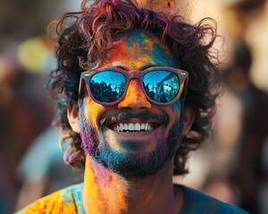 A joyful individual celebrating a vibrant festival, covered in colorful powders and wearing stylish sunglasses, radiating happiness.