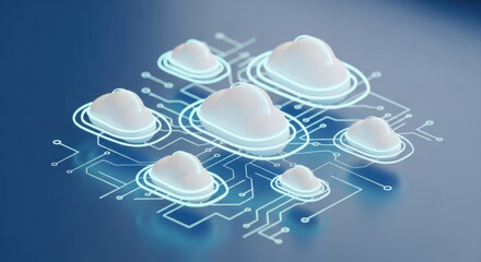 Abstract digital cloud network on a blue circuit board, showcasing data transfer and storage. A modern technology render emphasizing internet connectivity and cyber communication.