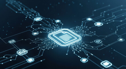 Abstract digital image featuring a glowing blue file icon at the center of a circuit board pattern, showcasing modern technology and data connectivity on dark backdrop.