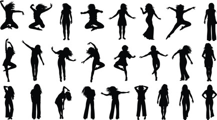 Large collection of diverse women black silhouette vector illustration set, female models standing, jumping, dancing, and posing, active lifestyle, fashion, beauty, and fitness concept art.