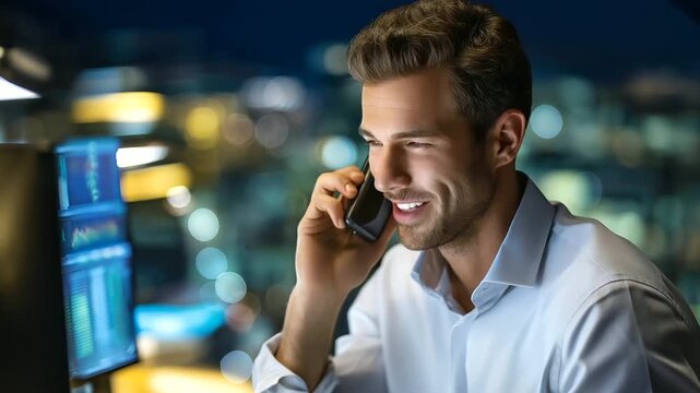 Professional male chatting, late night online, teleconference engaged discussion, digital efficiency display, interacting participants networking, session corporation meeting, remo