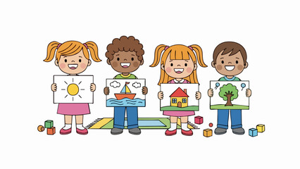 Fototapeta premium Diverse group of children proudly displaying their colorful drawings of various subjects.