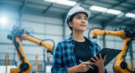 Asian female engineer with white hardhat and clipboard in a factory, surrounded by yellow robotic arms, in a setting of advanced manufacturing.