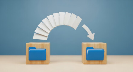 A conceptual 3D render showing file transfer between two wooden blocks featuring blue folders, against a light blue backdrop.