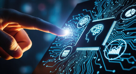 Close-up shot featuring a finger touching a blue digital interface displaying a brain symbol, set against a dark, blurred background representing advanced technology.