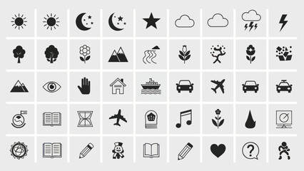 Collection of Black and White Silhouette Icons Representing Various Concepts.