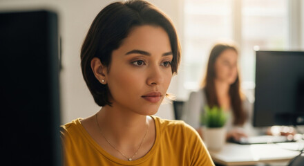 A focused young woman works diligently at her computer in a bright office, bathed in natural light. She wears a yellow shirt and has short dark hair. Another coworker works with blurry background.