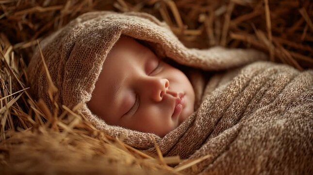 Peaceful newborn baby sleeping in hay or straw swaddled in cloth