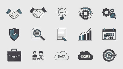 Business and Strategy Icons - Handshake, Idea, Gears, Shield, Data, Goals.