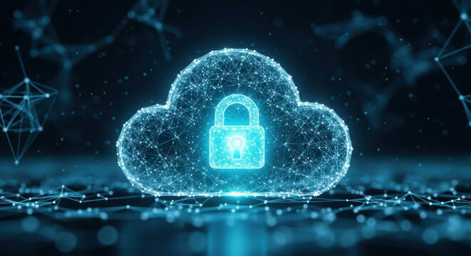 Abstract glowing blue cloud computing security icon with padlock against a network background depicting data protection and digital safety. - Powered by Adobe