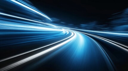 Dynamic Blue Light Trails on a Futuristic Highway at Night with Motion Blur and Speed Effects