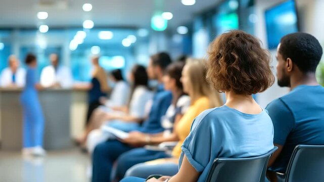 Busy hospital lobby, patients visitors seated, waiting area receptionist, nurse assist front, desk diverse individuals, prepare medical appointments, consultations healthcare facil