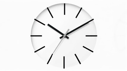 Minimalist white clock face with black hands and markers, showing the time precisely