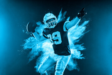 American football player poster with neon lights. Template for bookmaker ads with copy space. Mockup for betting advertisement.
