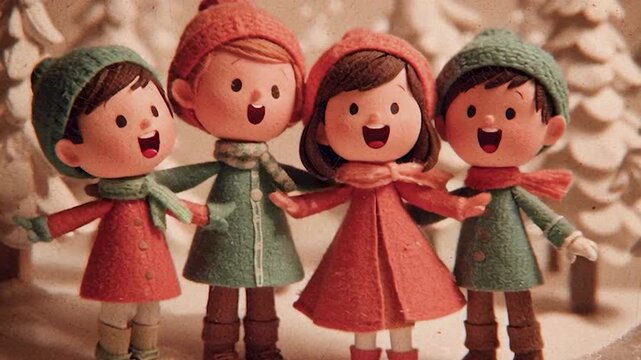 Christmas carolers children kids retro 1970s 1960s stop action animation Christmas tv show style dolls singing outdoors in snowy winter landscape happy vintage childhood nostalgia