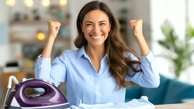 Woman singing loud, ironing clothes steaming, iron living room, happy female multitasks, laundry day performing, joy boyfriend stands, phone background domestic, scene household ch