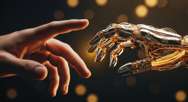Dramatic shot of a human hand nearly touching a golden robot arm against a dark backdrop, symbolizing the connection between humanity and artificial intelligence.