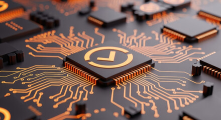 A close-up shot showcasing an illuminated orange microchip on a dark grey circuit board, detailing glowing traces of modern technology and digital connectivity.