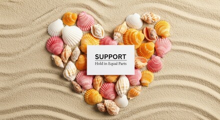 Heart Shape of Seashells on Sandy Beach Displaying a 'Support' Message, Perfect for Encouragement and Appreciation