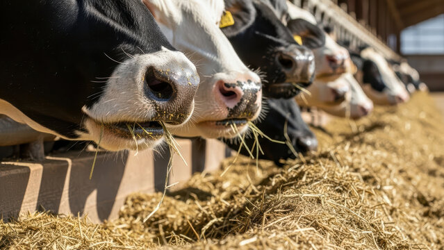 Close up of dairy cows eating hay in barn row, livestock herd feeding on dry fodder in modern agricultural farm, rural cattle nutrition and animal husbandry detail