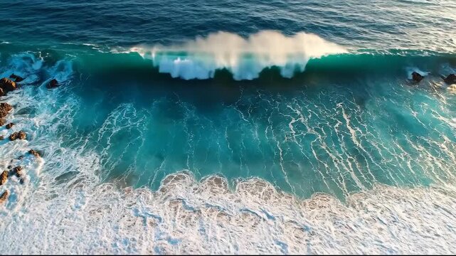 Turquoise ocean waves crash on sandy beach with rocky shore.