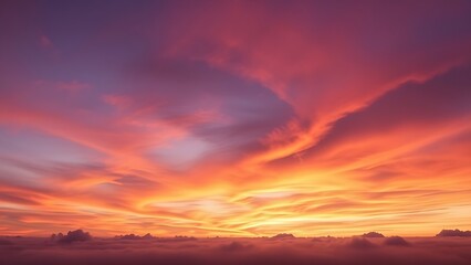 Dramatic sunrise with gradient orange and purple clouds, creating a panoramic abstract sky view.