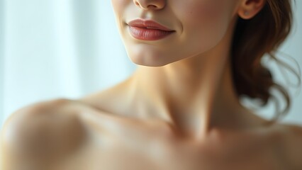 Female portrait with soft focus on skincare and spa theme, elegant blurred background.