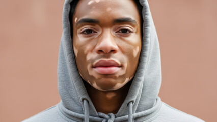 Calm young man with vitiligo wearing gray hoodie looking at camera against plain background, confident facial expression highlighting natural skin tone and unique pigmentation