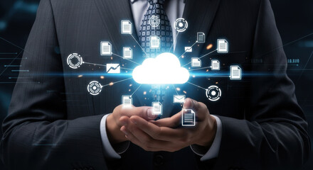 A man holds a glowing cloud computing icon in his hands, surrounded by geometric data elements against a dark background, symbolizing modern network technology.