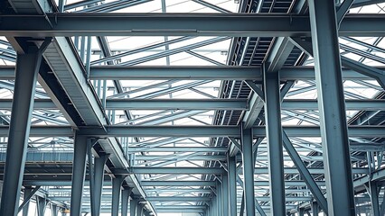 Industrial metal beams forming an abstract geometric composition in a construction setting with cool steel tones.