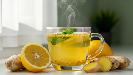 Fototapeta premium Soothing hot ginger lemon tea with mint in glass cup on kitchen table, fresh sliced ginger root and whole lemon beside, aromatic steam rising in soft natural morning light