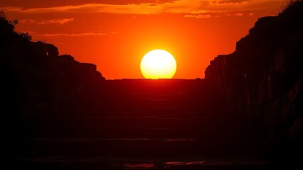 Stone steps leading toward a glowing sunset, capturing a dramatic and serene natural moment.