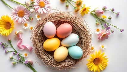 Decorated Easter eggs in nest with spring flowers, seasonal celebration.