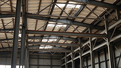 Steel frame construction detail in an industrial workshop with architectural structure.
